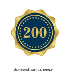 Gold button with 200 years anniversary . emblem, label, badge,sticker, logo. Designed for celebration or anniversary