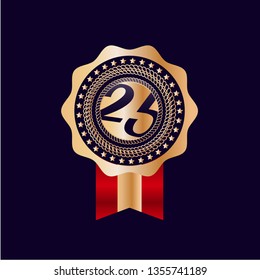 Gold button with 25 years anniversary . emblem, label, badge,sticker, logo. Designed for celebration or anniversary 