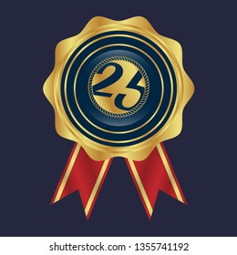 Gold button with 25 years anniversary . emblem, label, badge,sticker, logo. Designed for celebration or anniversary 