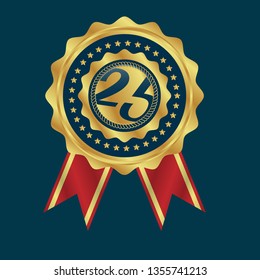 Gold button with 25 years anniversary . emblem, label, badge,sticker, logo. Designed for celebration or anniversary 
