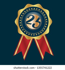 Gold button with 25 years anniversary . emblem, label, badge,sticker, logo. Designed for celebration or anniversary 
