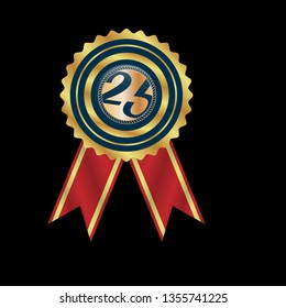 Gold button with 25 years anniversary . emblem, label, badge,sticker, logo. Designed for celebration or anniversary 
