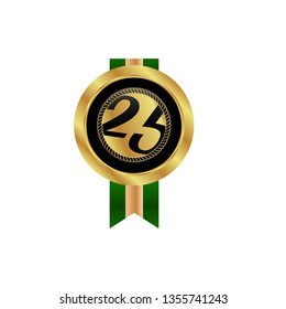Gold button with 25 years anniversary . emblem, label, badge,sticker, logo. Designed for celebration or anniversary 