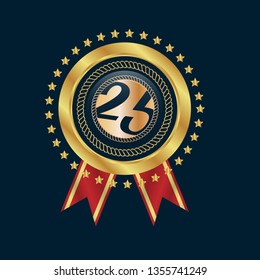 Gold button with 25 years anniversary . emblem, label, badge,sticker, logo. Designed for celebration or anniversary 