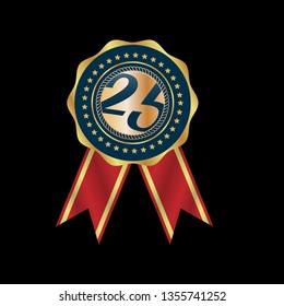 Gold button with 25 years anniversary . emblem, label, badge,sticker, logo. Designed for celebration or anniversary 