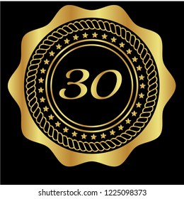 Gold button with 30 number. emblem, label, badge, logo