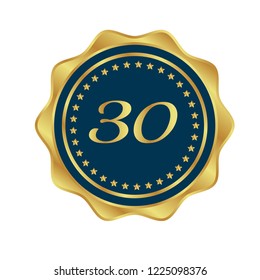 Gold button with 30 number. emblem, label, badge, logo
