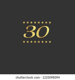 Gold button with 30 number. emblem, label, badge, logo