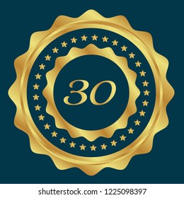 Gold button with 30 number. emblem, label, badge, logo
