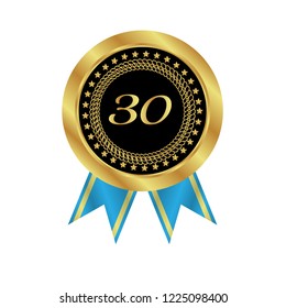 Gold button with 30 number. emblem, label, badge, logo