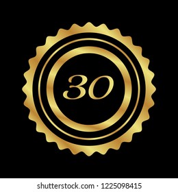 Gold button with 30 number. emblem, label, badge, logo