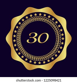 Gold button with 30 number. emblem, label, badge, logo