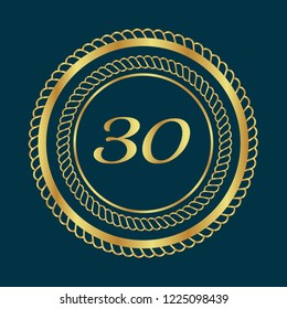 Gold button with 30 number. emblem, label, badge, logo