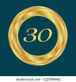 Gold button with 30 number. emblem, label, badge, logo