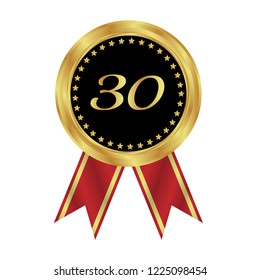 Gold button with 30 number. emblem, label, badge, logo