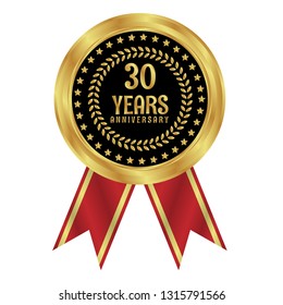 Gold button with 30 years anniversary . emblem, label, badge,sticker, logo. Designed for celebration or anniversary svg