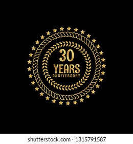 Gold button with 30 years anniversary . emblem, label, badge,sticker, logo. Designed for celebration or anniversary