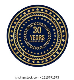 Gold button with 30 years anniversary . emblem, label, badge,sticker, logo. Designed for celebration or anniversary