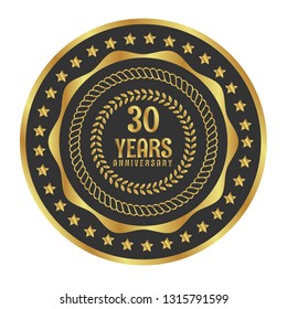 Gold button with 30 years anniversary . emblem, label, badge,sticker, logo. Designed for celebration or anniversary