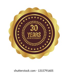 Gold button with 30 years anniversary . emblem, label, badge,sticker, logo. Designed for celebration or anniversary