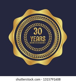 Gold button with 30 years anniversary . emblem, label, badge,sticker, logo. Designed for celebration or anniversary