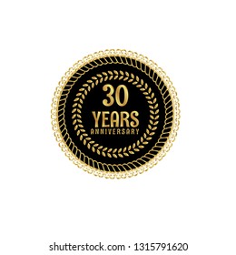 Gold button with 30 years anniversary . emblem, label, badge,sticker, logo. Designed for celebration or anniversary