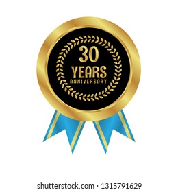 Gold button with 30 years anniversary . emblem, label, badge,sticker, logo. Designed for celebration or anniversary