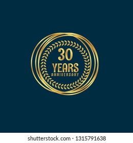 Gold button with 30 years anniversary . emblem, label, badge,sticker, logo. Designed for celebration or anniversary svg