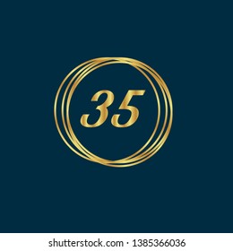 Gold button with 35 years anniversary . emblem, label, badge,sticker, logo. Designed for celebration or anniversary 