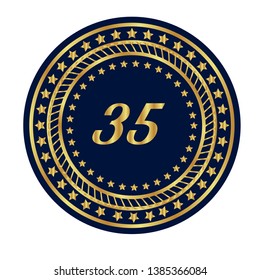 Gold button with 35 years anniversary . emblem, label, badge,sticker, logo. Designed for celebration or anniversary 