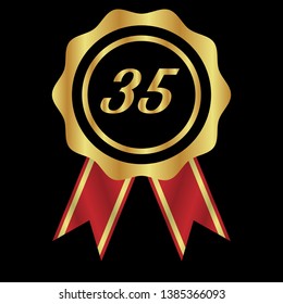 Gold button with 35 years anniversary . emblem, label, badge,sticker, logo. Designed for celebration or anniversary 
