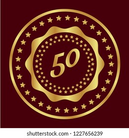 Gold button with 50. emblem, label, badge,sticker, logo. Designed for celebration or anniversary