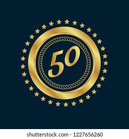 Gold button with 50. emblem, label, badge,sticker, logo. Designed for celebration or anniversary
