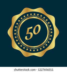 Gold button with 50. emblem, label, badge,sticker, logo. Designed for celebration or anniversary
