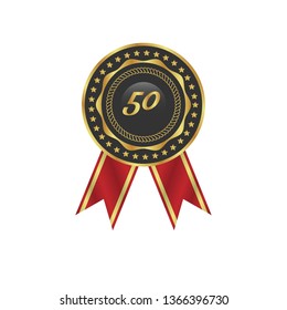 Gold button with 50. emblem with ribon, label, badge,sticker, logo. Designed for celebration or anniversary