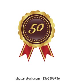 Gold button with 50. emblem with ribon, label, badge,sticker, logo. Designed for celebration or anniversary