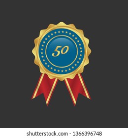 Gold button with 50. emblem with ribon, label, badge,sticker, logo. Designed for celebration or anniversary