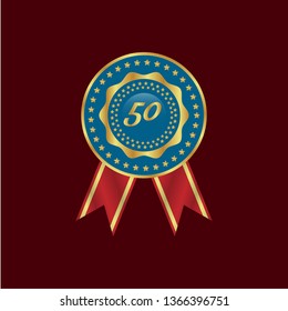 Gold button with 50. emblem with ribon, label, badge,sticker, logo. Designed for celebration or anniversary