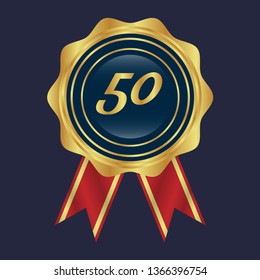 Gold button with 50. emblem with ribon, label, badge,sticker, logo. Designed for celebration or anniversary
