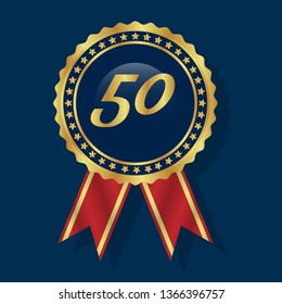 Gold button with 50. emblem with ribon, label, badge,sticker, logo. Designed for celebration or anniversary