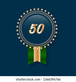 Gold button with 50. emblem with ribon, label, badge,sticker, logo. Designed for celebration or anniversary