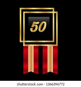 Gold button with 50. emblem with ribon, label, badge,sticker, logo. Designed for celebration or anniversary
