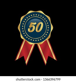 Gold button with 50. emblem with ribon, label, badge,sticker, logo. Designed for celebration or anniversary