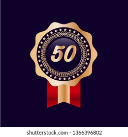 Gold button with 50. emblem with ribon, label, badge,sticker, logo. Designed for celebration or anniversary