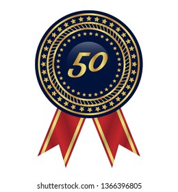 Gold button with 50. emblem with ribon, label, badge,sticker, logo. Designed for celebration or anniversary