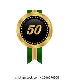 Gold button with 50. emblem with ribon, label, badge,sticker, logo. Designed for celebration or anniversary
