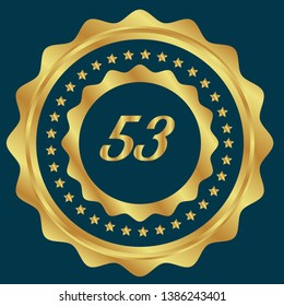 Gold button with 53 years anniversary . emblem, label, badge,sticker, logo. Designed for celebration or anniversary