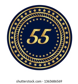 Gold button with 55 years anniversary . emblem, label, badge,sticker, logo. Designed for celebration or anniversary 