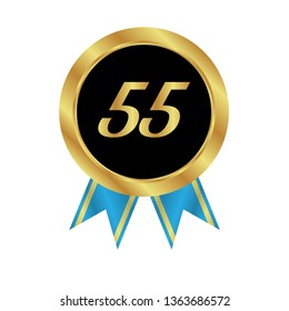 Gold button with 55 years anniversary . emblem, label, badge,sticker, logo. Designed for celebration or anniversary 