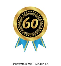 Gold button with 60 number. emblem, label, badge,sticker, logo. Designed for celebration or anniversary